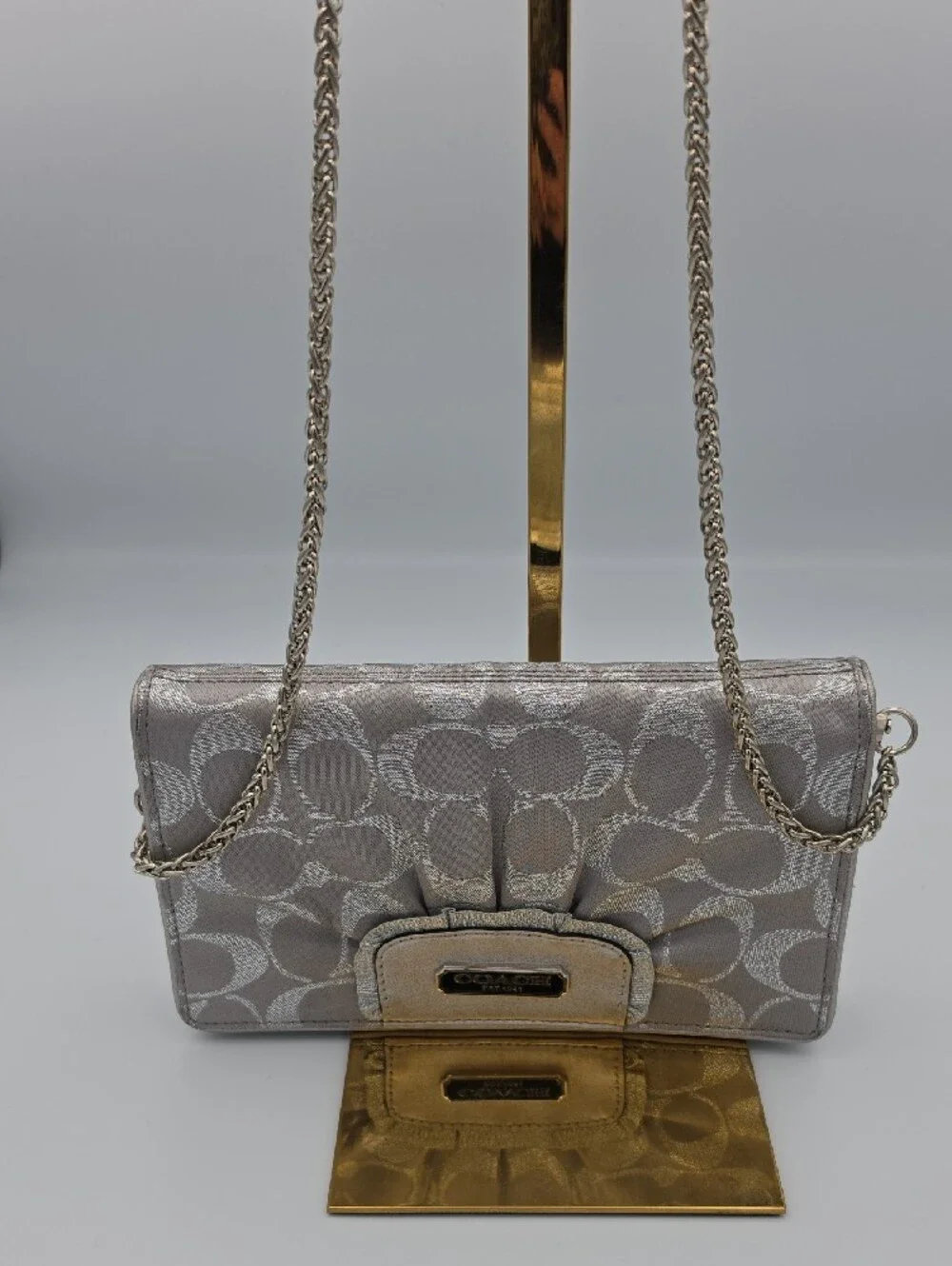 Coach Silver Metallic Shine Signature Mono Small Chain Crossbody/Wallet (EUC)🩶